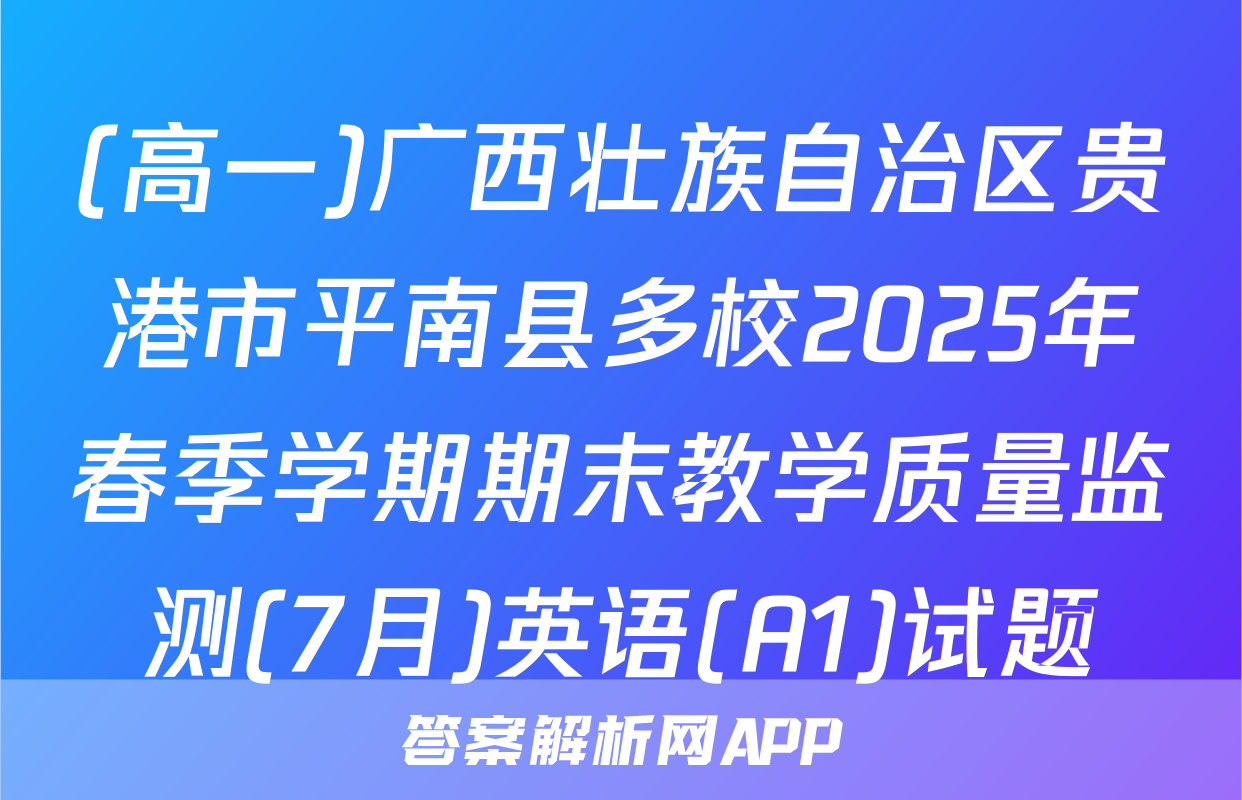 (高一)广西壮族自治区贵港市平南县多校2025年春季学期期末教学质量监测(7月)英语(A1)试题